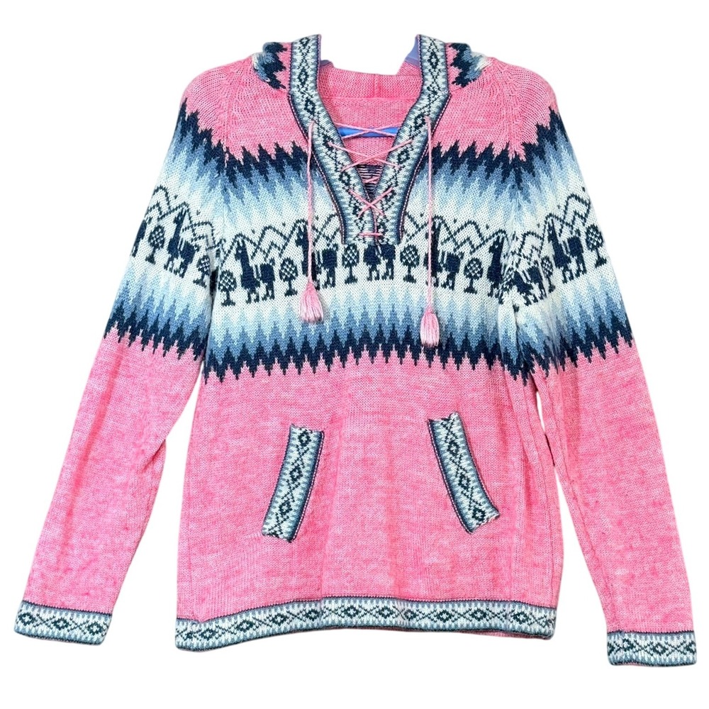 Unbranded Women Peruvian Alpaca Knit Hoodie Small Fair Isle Tassel Pullover